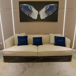 Beige Leather Sofa Set with Dark Natural Wood Veneer & Gold Stainless Steel Trim